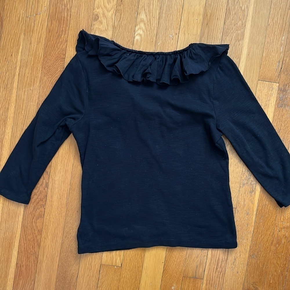 Chaps Y2K Style Black Ruffle Collar 3/4 Sleeve 100% Cotton Knit T-Shirt Blouse - Picture 9 of 11